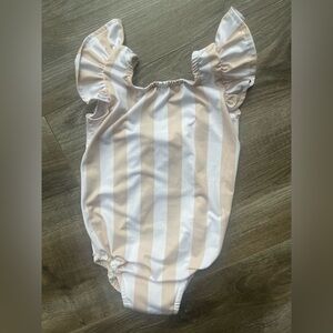 Beige and White Striped Ruffle-Sleeve Kids One-Piece